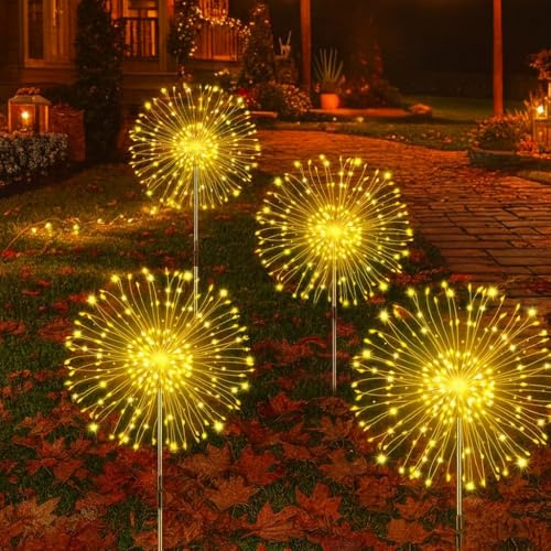 Garden Mile 4x Solar Lights Outdoor Garden Stake Light with 120 Bright LED Starburst Effect Lights - fireworks outside lights for pathway lighting Patio, Yard, Flowerbed, Decor (Large Stake)