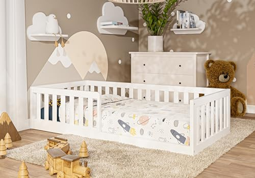ms factory Bodenbett 160x80 cm - Kinderbett mit Rausfallschutz 40 cm Höhe - Bett Kinder ohne Matratze - Toddler Bed aus Holz - Kinder Bett mit Füße 5 cm - Weiß