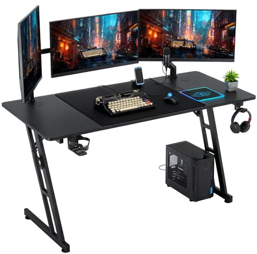 Suusolny Mesa de gaming, mesa de ordenador, mesa ergonómica para ordenador, mesa de ordenador con soporte para bebidas (140 x 60 cm, sin LED)