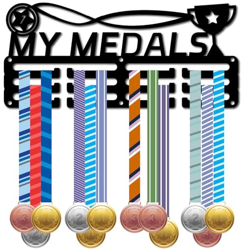 CREATCABIN Mein Medaillenhalter Ausstellungsaufhänger Metall Medaillenständer Organizer Trophäenmedaille Eisenständerrahmen Mit 12 Haken 3 Zeilige Schwarze Medaillen Wandaufhänger Für Läufer 29x13cm