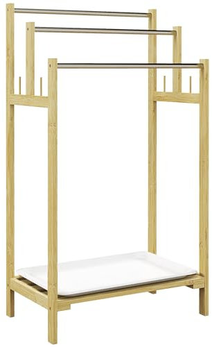HOMCOM Porte-Serviettes en Bambou 3 Barres avec étagère de Rangement, 4 Crochets et Plateau Amovible, Porte-Serviettes sur Pied pour la Salle de Bains et la buanderie, Finition Naturel