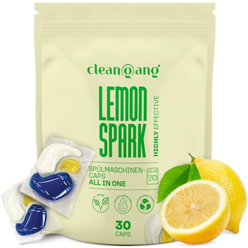 cleangang Spülmaschinentabs All-in-One, 30 Caps, Zitrone, 12 Funktionen | dreifache Reinigungskraft, Fettlösekraft & Glanz, ab 40°C wirksam, plastikfreie Folie, biologisch abbaubar, ohne Vorspülen