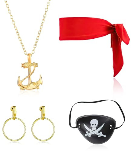 Augesak 4 Stück Piraten Kostüm Zubehör Set, Piraten Accessoires Damen Herren, Vintage Piratenkostüm Accessoires, Piratenkostüm Zubehör Erwachsene, Augenklappe Pirat, Kopftuch, für Karneval Halloween
