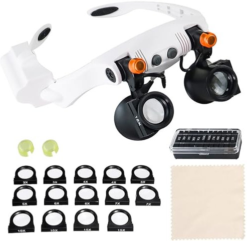 Gafas de lupa con luz, con luz cálida y fría, 7 aumentos diferentes, 14 lentes (3X-15X), para lectura, electricistas, costura, pintura de diamante