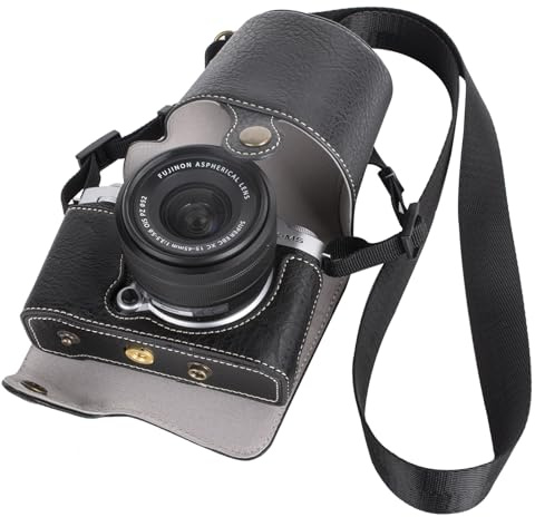 VOVMOEYA Schützende Kameratasche für spiegellose Fujifilm XM5-Kamera, Fuji X-M5-Kameratasche, Fuji XM5-Halbtasche mit Frontabdeckung, mit Schultergurt, vollständiger Schutz, Druckknopf, SCHWARZ