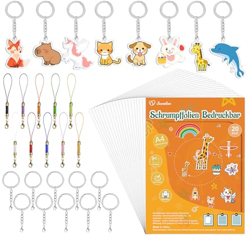 Sweelov 40 Stück Schrumpffolie Set-A4 Schrumpffolie Bedruckbar zum Basteln mit Blank Schrumpfplastik, Schlüsselbundzubehör für DIY Handwerk Dekorationen