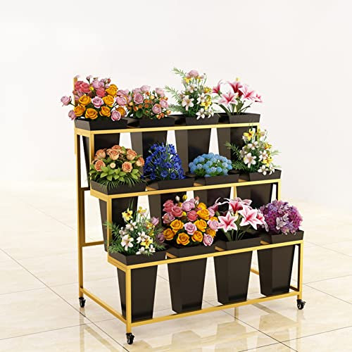 JFUNANQH Carrello portafiori a 3 Ripiani per impieghi gravosi con Ruote e secchi in plastica, Facile da installare, Ideale per Uso Interno.