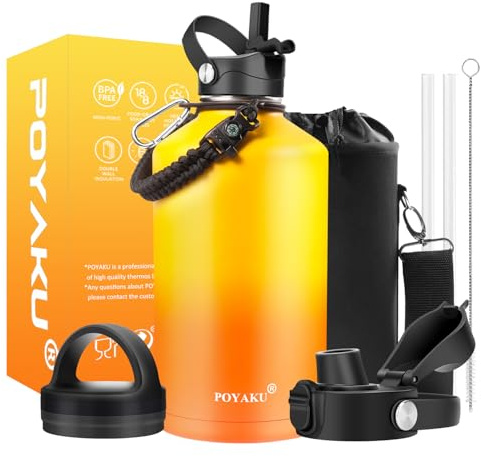 Water Bottle Insulated 32oz 40oz 64oz 128oz Straw Lid Spout Lid & 3 Lids, Leak Proof, Vacuum Insulated,Stainless Steel Water Bottle Wide Mouth for Sports, Gym or Office (Yellow Orange, 64 oz)