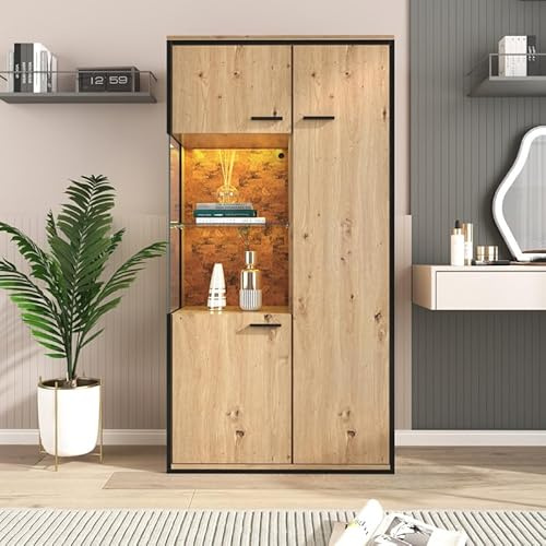 QMTXBYJ Vitrinenschrank mit LED Beleuchtung, 50x40x180 cm Vitrine Standschrank mit 3 Türen und 1 Glasböden, Hochschrank, Glasvitrine Schrank Bücherschrank Stauraumvitrine für Wohnzimmer & Küche