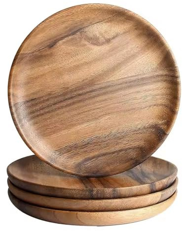 NEWFUN 4 Assiettes Rondes en Bois, Assiettes à Snacks, 25 CM, Plateau en Bois d'acacia, Décoration de Table, Objet Décoratif fait Main,Cadeau de Bienvenue