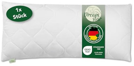 DREAMSTAR Kudde 40 x 80 cm, premium 650 g kuddfyllning | HART kudde med dragkedja för justering | tvättbar upp till 60 grader | lämplig för allergiker | 40 x 80 cm