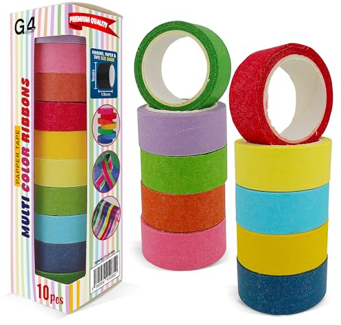 G4GADGET 10 Rolls Rainbow Washi Sticky Tape Set – 1.5cm x 5m Decorative Masking Tapes, Assorted Colourful Adhesive Craft Tape for Scrapbooking, DIY, Planner, Journals & Art Projects