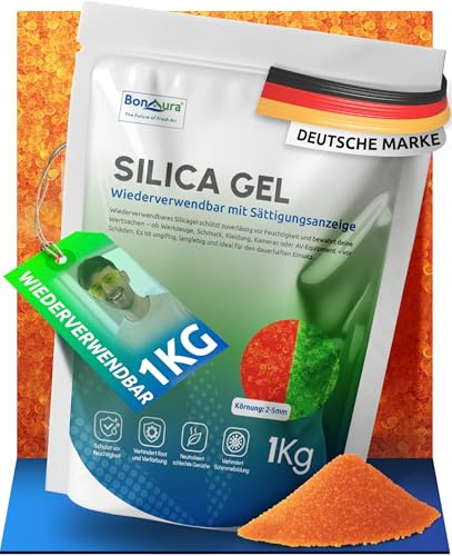 BonAura 1 kg de gel de silice - Boules de silice - Convient également comme sèche-linge à filament - Déshydratant de silice régénérable et réutilisable - Dans un sac hermétique en gel de silice ZIP