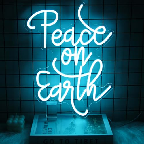 Peace On Earth Neon Schild Dimmbar LED Weihnachts Leuchtschild für Wanddeko | Acryl Eisblaue Buchstaben Neonlicht, USB Betrieben, Leicht Aufzuhängen, Leuchtreklame für Schlafzimmer Wohnzimmer Kirche Deko