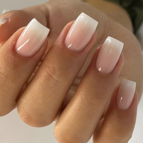 24Pcs Künstliche Fingernägel - Ombre Kunstnägel Fingernägel Zum Aufkleben Kurz - Square Nails Zum Aufkleben - Nude Rosa Farbverlauf Weiß Falsche Nägel - Full Cover Press On Nails für Frauen