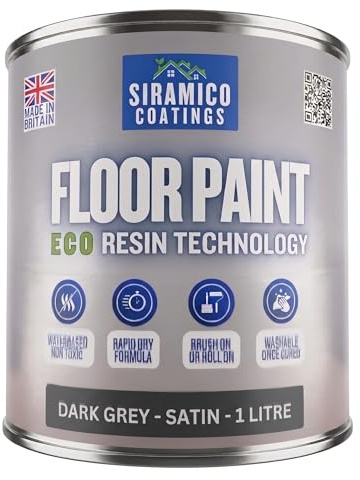 SIRAMICO COATINGS Floor Paint | 1 Litre | Satin | Water-Based Quick-Dry Formula - Non-Toxic, No-VOC, Durable Coating for Concrete, Brick, Stone & Wood Floors (Dark Grey)