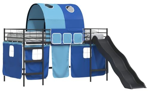 Mhdvray Letto a castello per bambini, nero, blu, 90 x 200 cm, telaio in acciaio, letto a castello con scivolo, salvaspazio, design moderno per camera dei ragazzi e camere degli ospiti