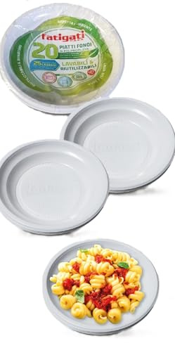 FATIGATI Casa - Platos hondos blancos reutilizables de polipropileno, 21 cm, 20 unidades
