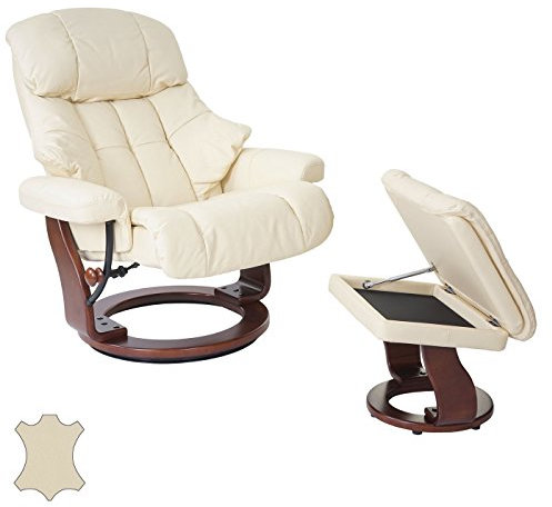Robas Lund Relaxsessel Calgary XXL mit Hocker, bis 180 kg belastbar, Echtleder creme, Gestell Holz walnuss