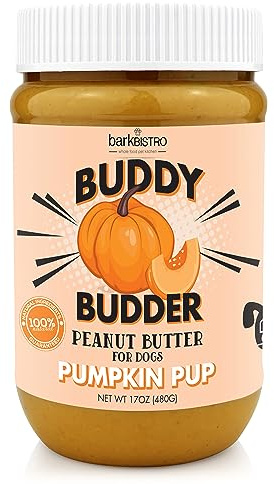 Pumpkin Pup Buddy BUDDER, 100% Natural Dog Peanut Butter, Healthy Peanut Butter Dog Treats, Made in USA, (17oz Jars)