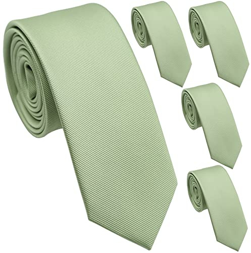 ZENXUS Solid Skinny Ties for Men, 2.5 inch Slim Sage Green Ties Bulk for Wedding and Activities, 5-Pack