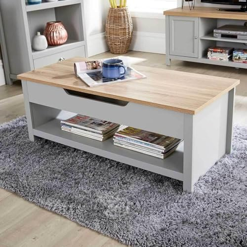 Home Source Lift Up Coffee Occasional Table, Storage Shelf, Oak Effect, Grey