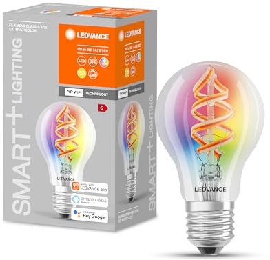 LEDVANCE Smarte LED-Lampe mit Wifi Technologie, Sockel E27, Dimmbar, RGB-Farben & Lichtfarbe änderbar, Classic A form, Klar, steuerbar mit Alexa, Google & App, 1er-Pack