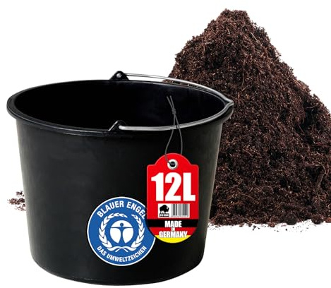 BigDean Baueimer 12l Mörteleimer Eimer mit Henkel mit Literskala | für Baustelle & Garten & Küche, Stabiler Wasserkübel, Betoneimer mit Skala, Wassereimer, Blauer Engel, Made in Germany