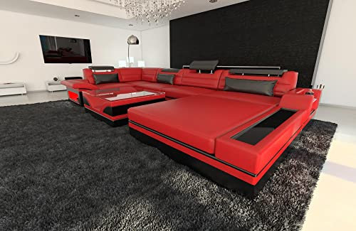 Sofa Wohnlandschaft Mezzo U Form Ledersofa - mit LED Beleuchtung, verstellbare Kopfstützen, Recamiere/Lederfarben wählbar/Ausrichtung Ottomane wählbar (Ottomane rechts, Rot-Schwarz)