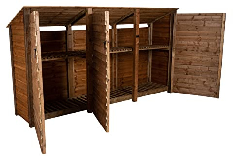 Arbor Garden Solutions wooden log store with doors 6ft, firewood storage (W-335cm, H-180cm, D-88cm), brown finish (With kindling shelf (roof sloping back))
