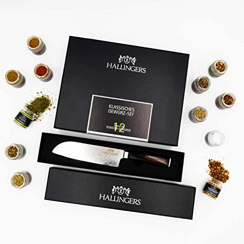 Hallingers Klassisches Gewürz-Set & Deluxe Santoku 7 Zoll - Gewürz Geschenkset handgemacht, Bundle 12 Gewürze & Messer Deluxe (Set) - Geschenkideen Weihnachten & Geschenke Adventskalender | Geburtstag