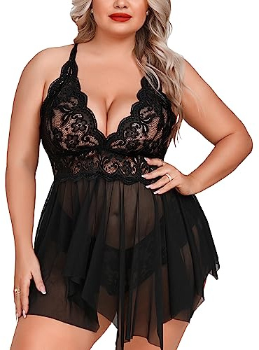 Plus Size Lingerie Set for Women Open Front Babydoll Strap Lace Sexy