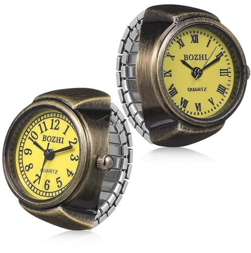 Ring Watch for Women and Men, 2Pcs Vintage Finger Watches Set Creative Round Dial Elastic Band Adjustable for Christmas New Year Birthday Graduation