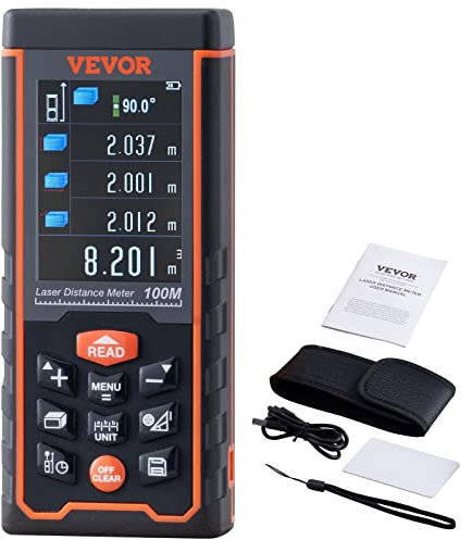 VEVOR Laser Measure, 100 m, ±1.6 mm Accuracy Laser Distance Measure with 100-Group Storage, ft/m/in/ft+in, 61 mm Colorlit LCD Screen Laser Meter, Pythagorean Mode, Measure Distance, Area and Volume