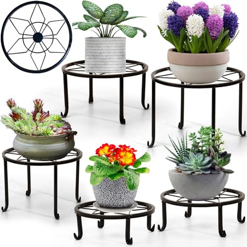 Santentre 5 Pack Pflanzenständer, Schwerlast Pflanzenregal, Schwarz Blumenständer Metall Blumentreppe Innen Outdoor, Rostfreies Eisen Pflanzständer Blumenbank für Innen Mehrere Pflanzenvitrine Dekor