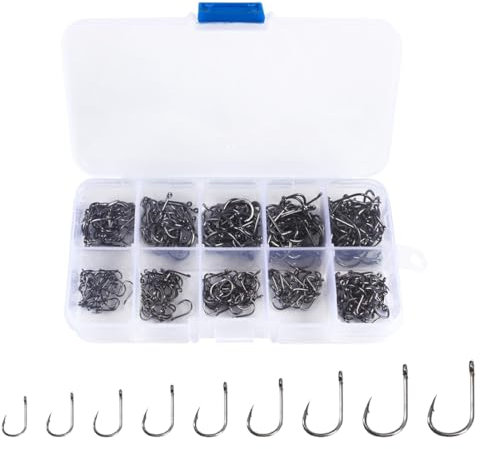 Angelhaken, 200 Stück Kohlenstoffstahl Angelhaken Set in 10 Größen, Angelhaken mit Widerhaken,Angelhaken Kohlenstoffstahl,Angelhaken mit Öse, Angelzubehör mit Kunststoff Organizer Box (3# - 12#)