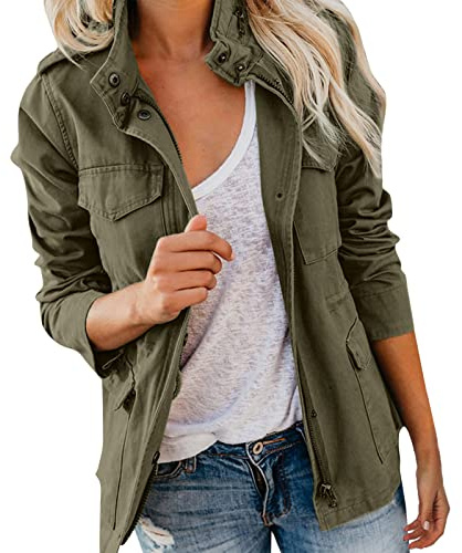 EMUKFD Veste militaire anorak pour femme avec fermeture éclair et poches, Vert kaki., S