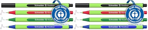 Schneider Line-Up Fineliner (Strichstärke 0,4 mm, aus biobasiertem Kunststoff, ausgezeichnet mit Der blaue Engel) 4 Stück, sortiert (Packung mit 2)