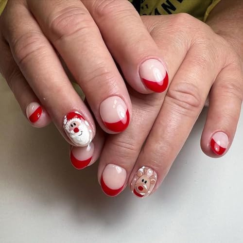 Cubahop 24 PCS ongles de Noël court ovale faux ongles rouge Wapiti forêt flocon de neige crutch faux ongles bonhomme de neige femmes et filles presser les ongles (B)