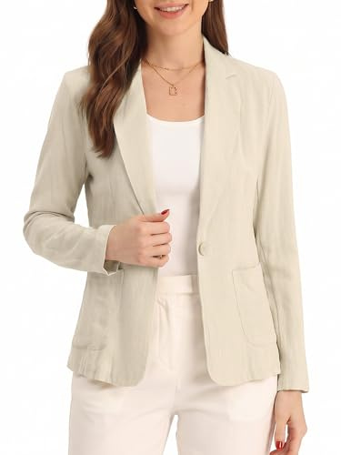 Allegra K Donna Blazer in Lino per Giacche da Abito Casual con Risvolto Classico A Un Bottone Beige L