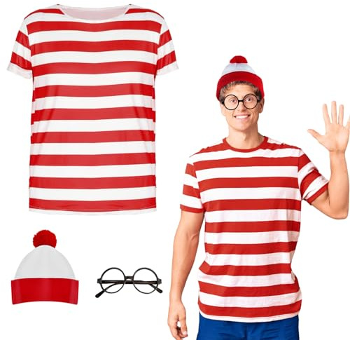 Wally Costume Cosplay Accessories Set with Red and White Striped T-Shirt, Beanie Hat, Black Nerd Glasses Fancy Dress for Adult, Kids World Book Day, Halloween,School Dress up Day