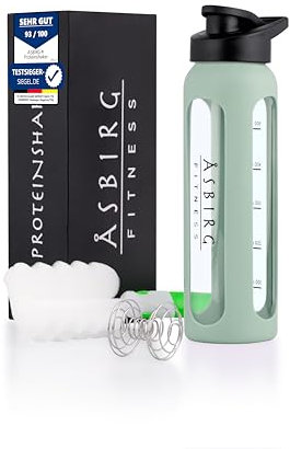 Asbirg Shaker de Proteínas de Vidrio 700 ml – Sin BPA, Hermético y Resistente – Botella Mezcladora con Bola de Vidrio de Borosilicato – Botella para Batidos y Deporte | Verde Pastel