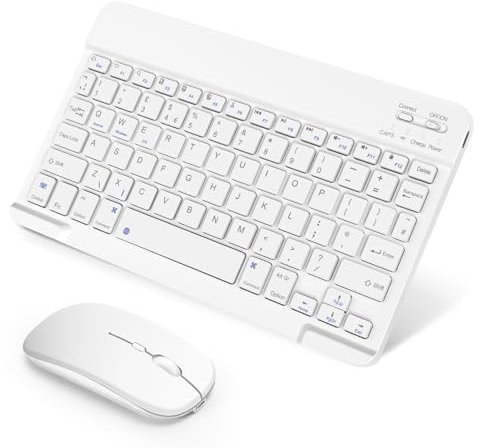 SOPPY Portable Bluetooth Keyboard and Mouse, Rechargeable Mini Keyboard, Wireless Keyboards for iPad 9.7/10.2/iPad Air/Pro/Tablets/iOS/Android/Windows, UK Layout (White)