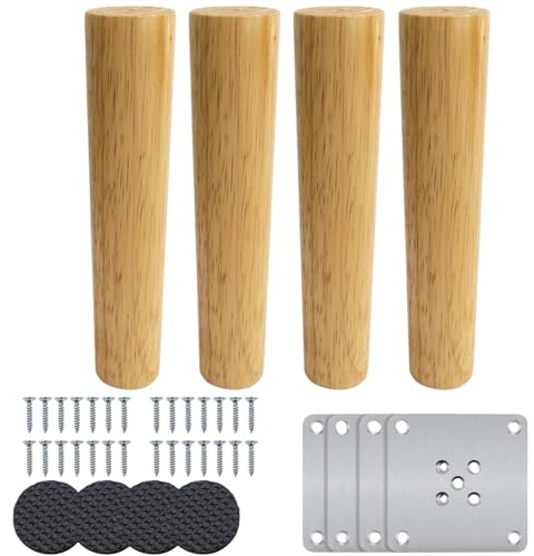Eidoct Solid Wood Furniture Legs - Cabinet, Table, Chair & Dresser Legs with Non-slip Mat, Screws & Mounting Plate (12 / 30cm)