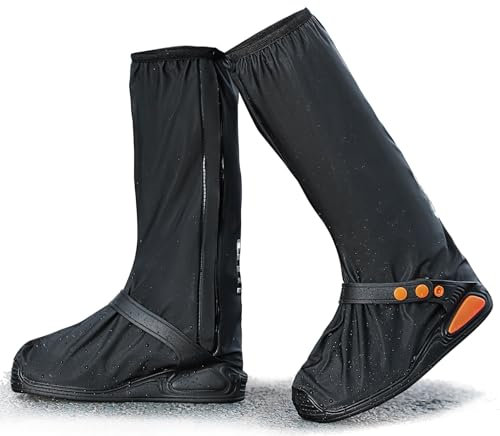 Habwea Schuhüberzieher Wasserdicht Überschuhe Regenschuhe Schwarz Wiederverwendbar mit Reflektorstreifen Rutschfeste Regenfüßlinge Hohe Regenschutz Galoschen für Fahrrad Motorrad, XL