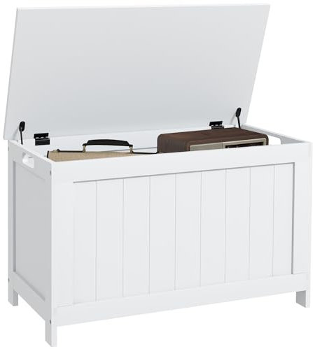 HOMCOM Storage Chest, Modern Storage Trunk with 2 Safety Hinges and Cut-out Handles, Wooden Toy Box for Living Room, Entryway, 76 x 40 x 48 cm, White