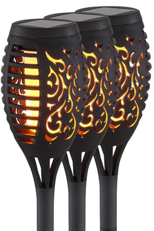 Solarlampen für Außen Gartendeko Fackeln Gartenfackel, LED Feuereffekt IP44 Erdspieß, LED warmweiß, Höhe 59,5 cm, 3er Set