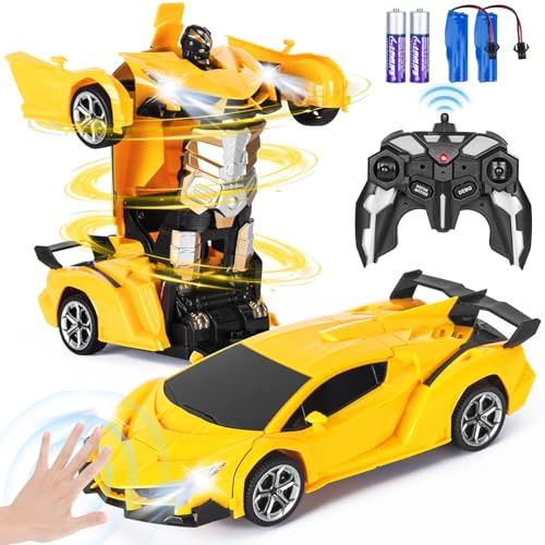 Highttoy Voiture Télécommandée Robot Enfant avec Détection Geste, Lumières et Musique, 2.4GHz Rotation à 360° Voiture Transformateur Robot Jouet Enfant 3 4 5 6 7 8 Ans Garçon Fille, Jaune