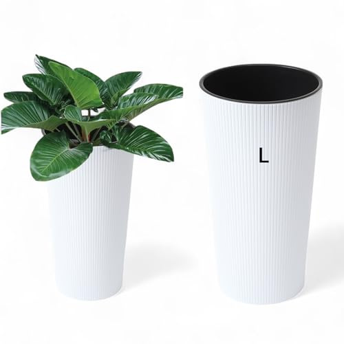 MELTOM Blumenkübel Rund Matt Rillen 3D Slim Blumentopf mit Herausnehmbaren Einsatz (Weiß, L - 46 cm)