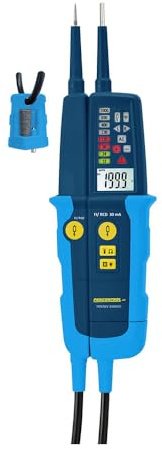 Probador de voltaje y continuidad, 1000V, con pantalla digital y funciones de prueba para verificar circuitos eléctricos y dispositivos.